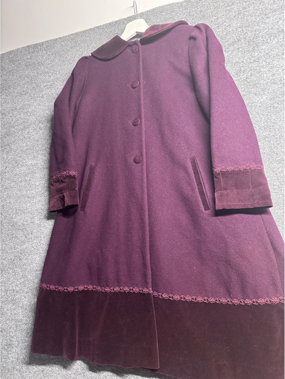 Rothschild Romantic Purple Wool Coat with Velvet Trim and Embroidery